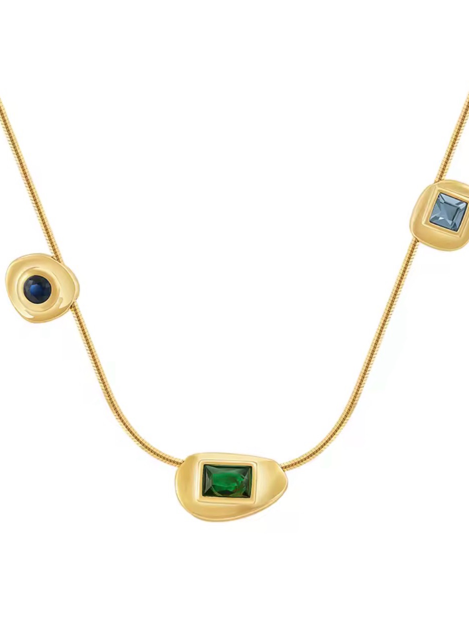 18k Plated Filled Multi-Gemstone Wired Station Statement Necklace
